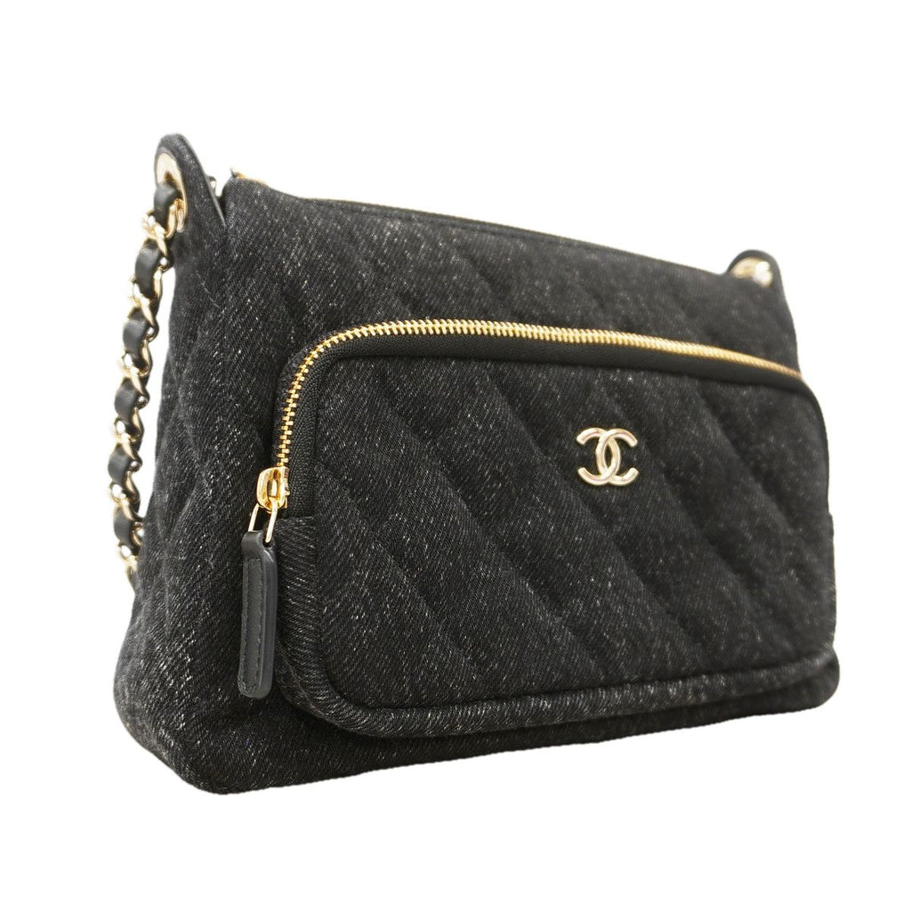 Chanel Shoulder Bag Quilted Denim Black Champagne Gold — view 2