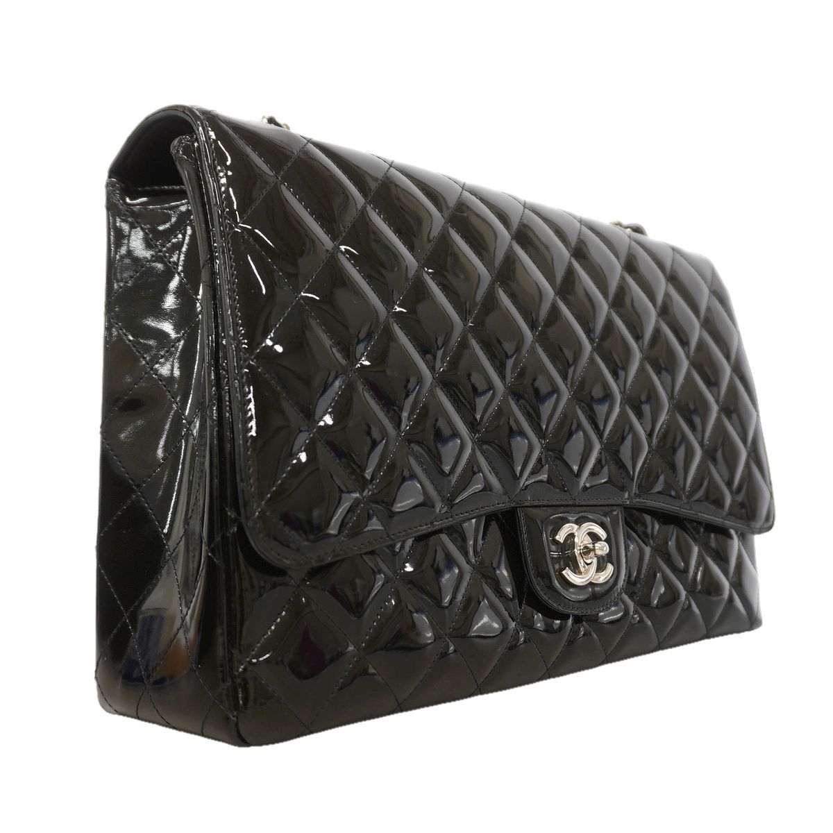 Chanel Shoulder Bag Maxi Quilted Patent Leather Black Silver — view 2