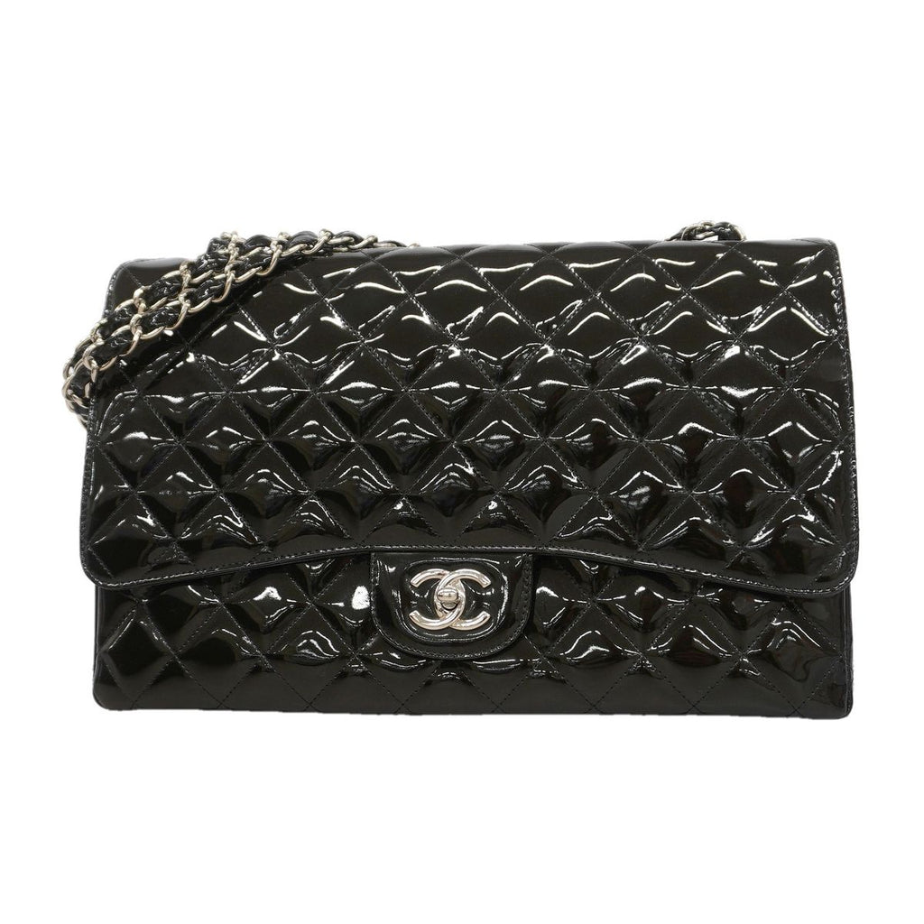 Chanel Shoulder Bag Maxi Quilted Patent Leather Black Silver