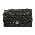Chanel Shoulder Bag Maxi Quilted Patent Leather Black Silver