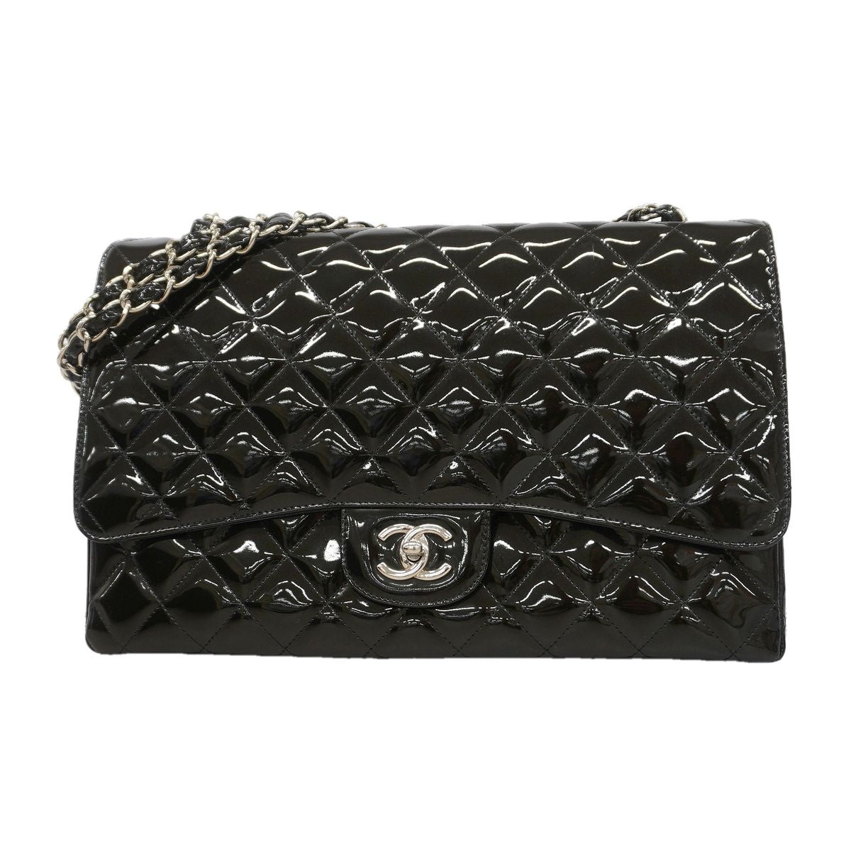 Chanel Shoulder Bag Maxi Quilted Patent Leather Black Silver