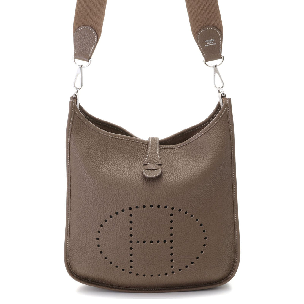 Hermes Evelyne 3 PM Etoupe Silver Shoulder Bag Taurillon Clemence