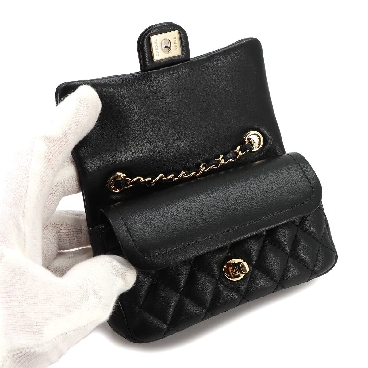 Chanel Quilted Classic Mini Bag Charm Chain Pouch Lambskin Black — view 7