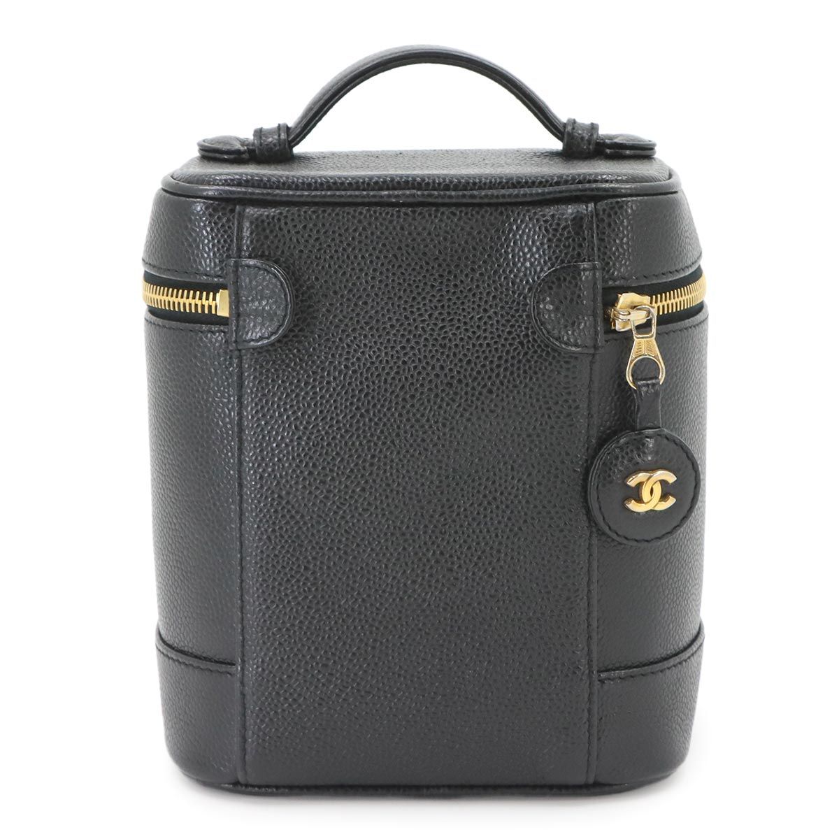 Chanel Vanity Hand Bag Caviar Leather Black CC Logo Gold Bag — view 3