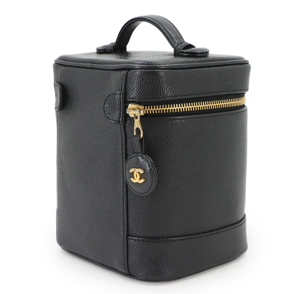 Chanel Vanity Hand Bag Caviar Leather Black CC Logo Gold Bag — view 4