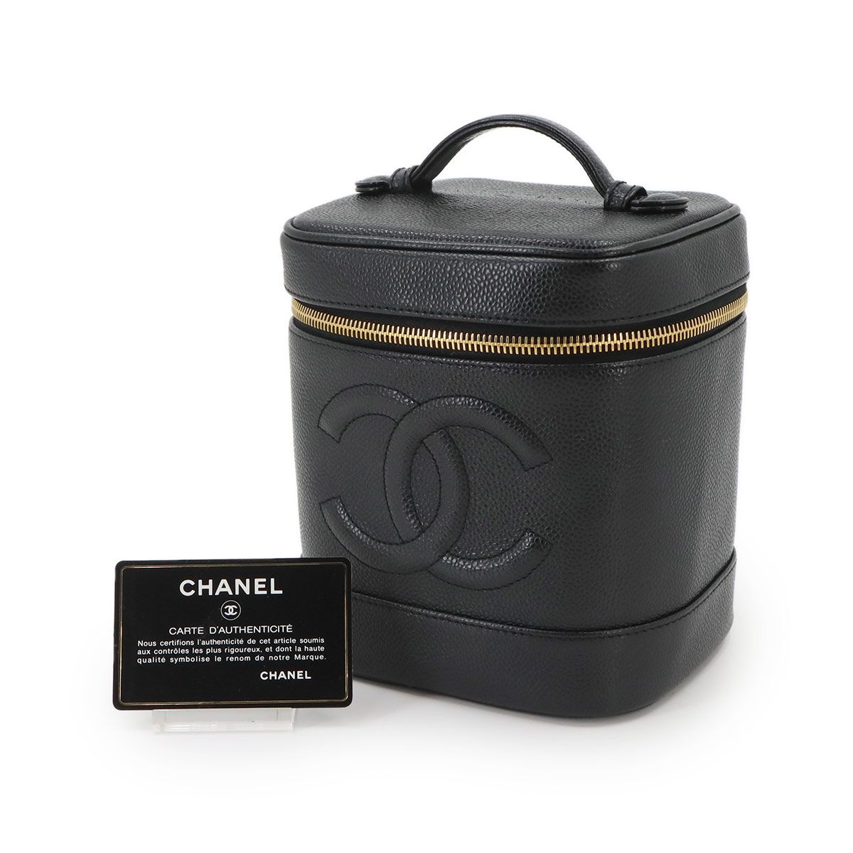 Chanel Vanity Hand Bag Caviar Leather Black CC Logo Gold Bag — view 2