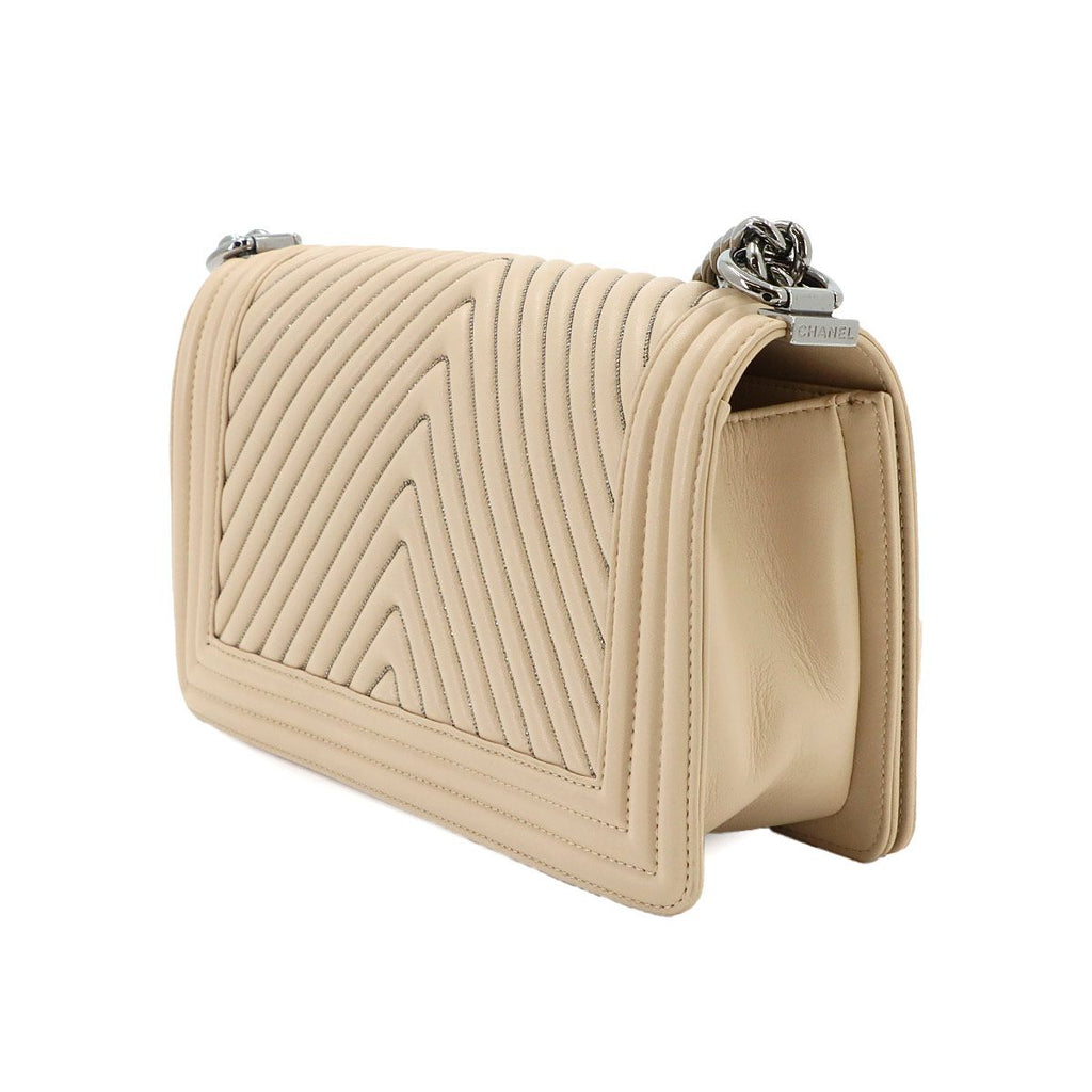 Chanel Boy Chain Shoulder Bag Leather Beige Silver — view 4