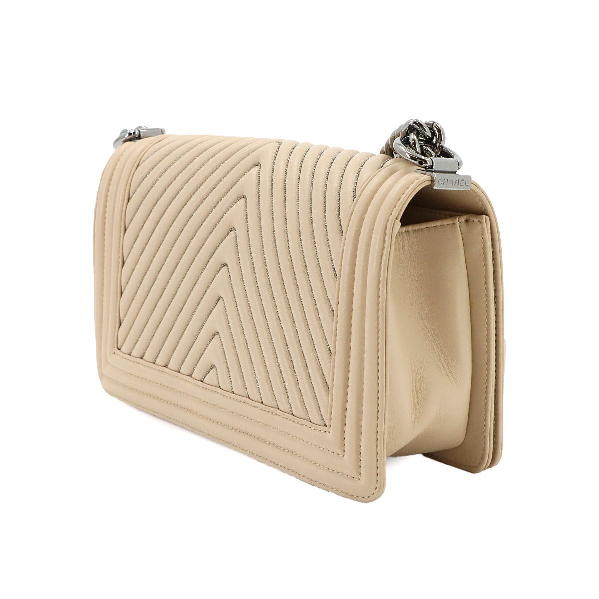 Chanel Boy Chain Shoulder Bag Leather Beige Silver — view 4