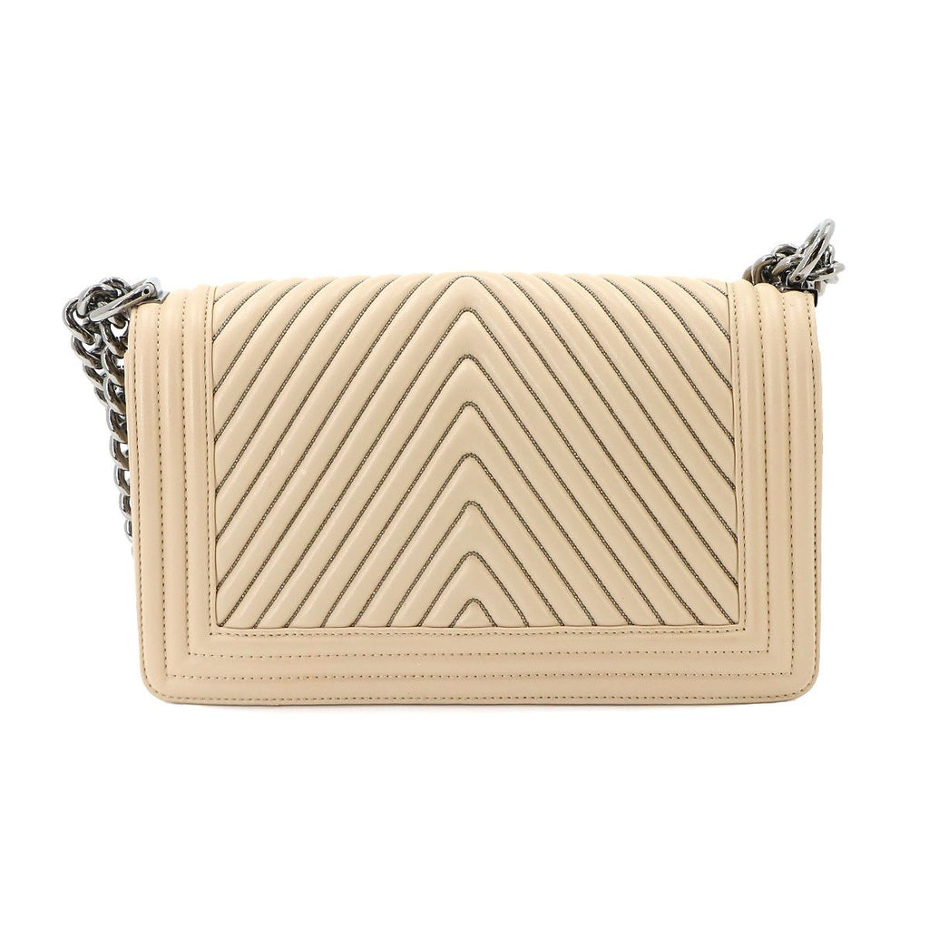 Chanel Boy Chain Shoulder Bag Leather Beige Silver — view 3