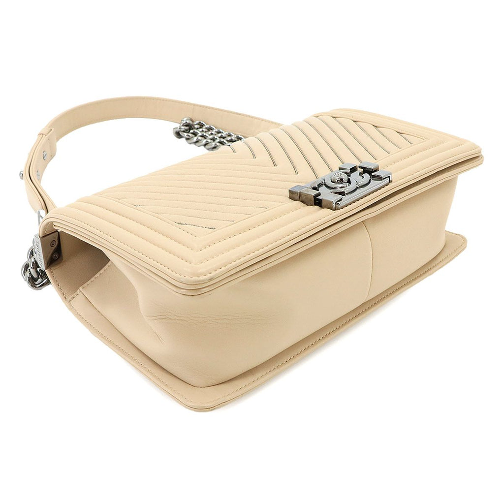 Chanel Boy Chain Shoulder Bag Leather Beige Silver — view 5