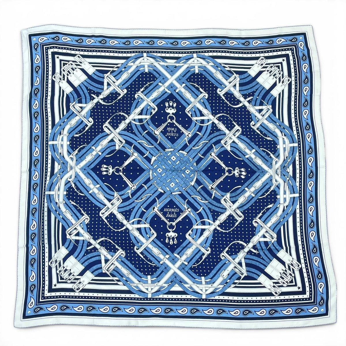 Hermes Carre Mors a Jouets Bandana Horse Bit Cashmere Silk Marine Large Scarf