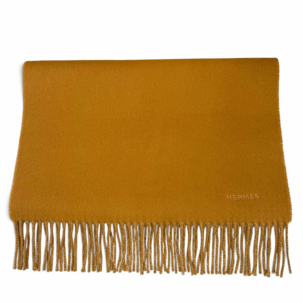 Hermes Recto Verso Cashmere 100% Logo Embroidery Fringe Scarf Camel Beige