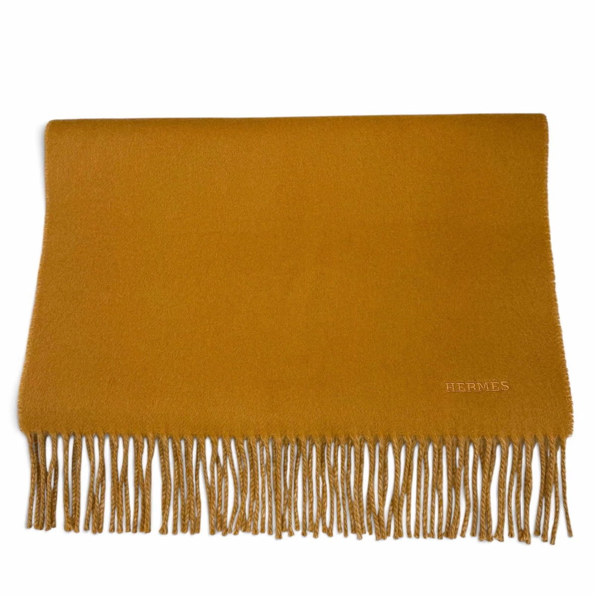 Hermes Recto Verso Cashmere 100% Logo Embroidery Fringe Scarf Camel Beige