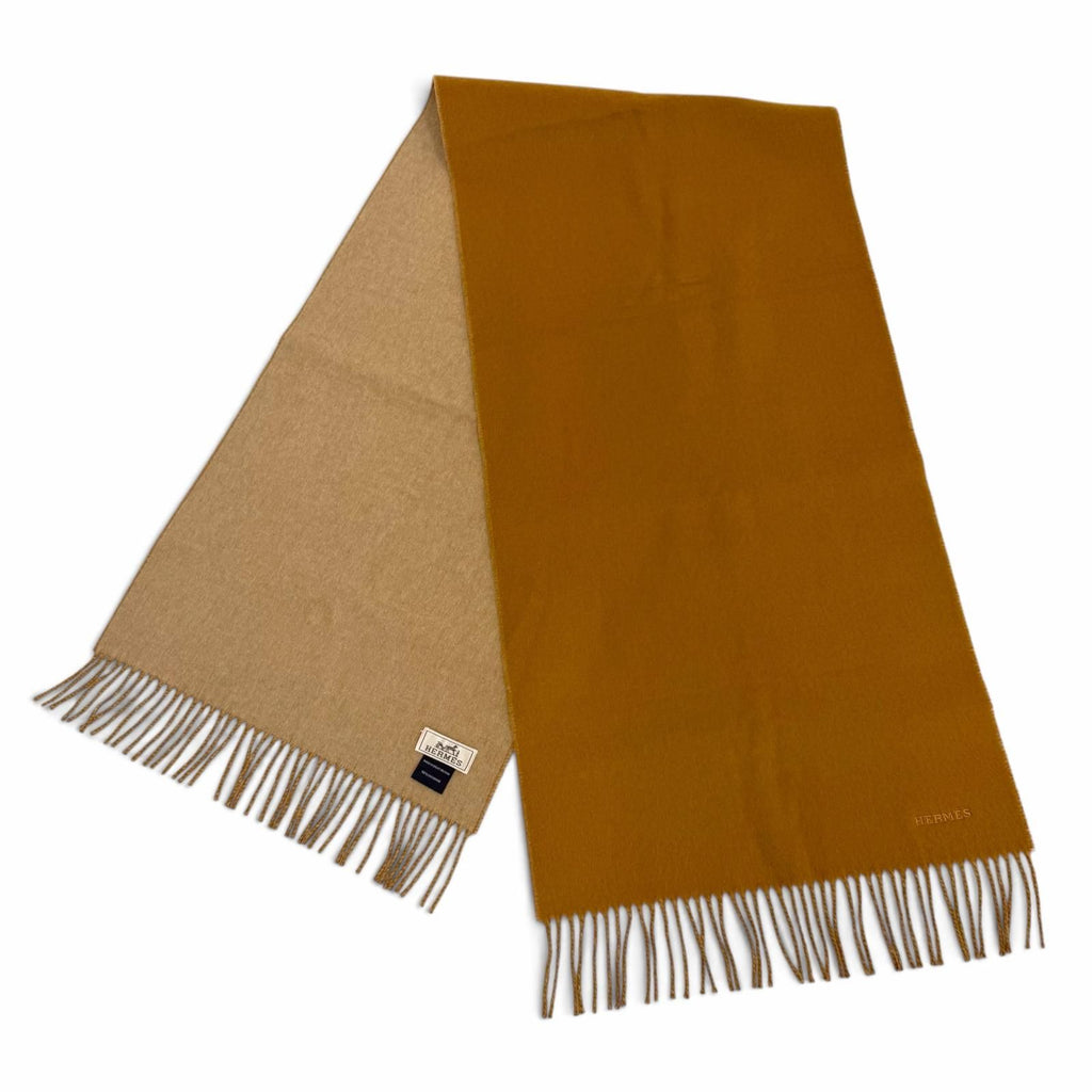 Hermes Recto Verso Cashmere 100% Logo Embroidery Fringe Scarf Camel Beige — view 3