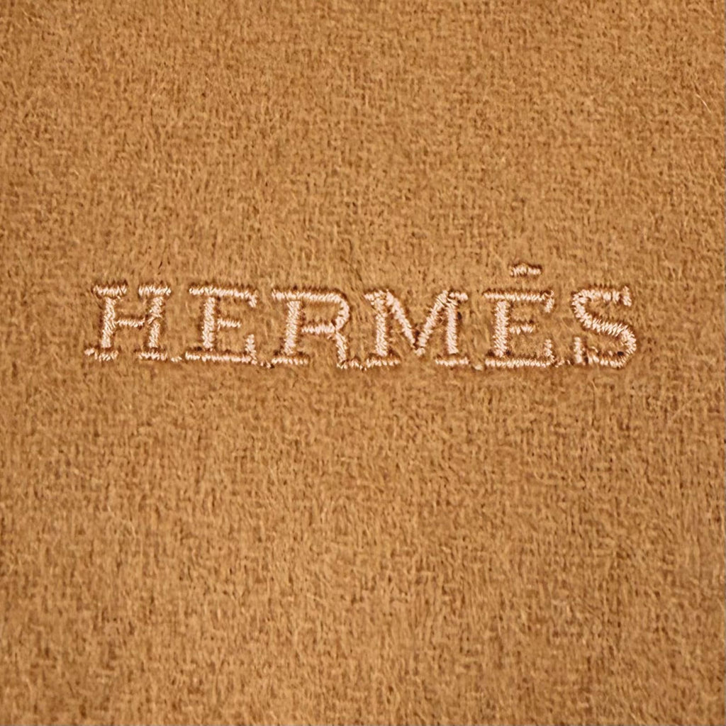 Hermes Recto Verso Cashmere 100% Logo Embroidery Fringe Scarf Camel Beige — view 5
