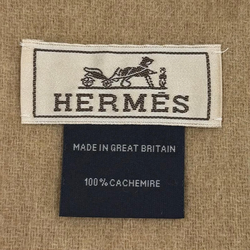 Hermes Recto Verso Cashmere 100% Logo Embroidery Fringe Scarf Camel Beige — view 7
