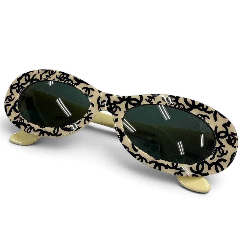 Chanel Vintage CC Logo All Over Print Oval Eyewear Sunglasses Ivory Black Demo