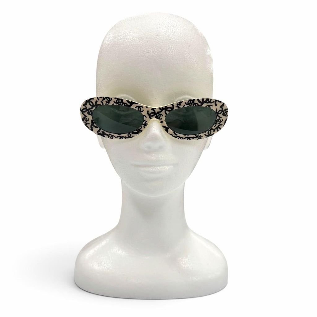 Chanel Vintage CC Logo All Over Print Oval Eyewear Sunglasses Ivory Black Demo — view 3