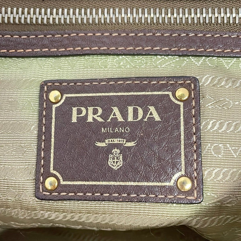 Prada Tote Bag Logo Jacquard Beige Dark Brown Leather Tag Ribbon — view 8