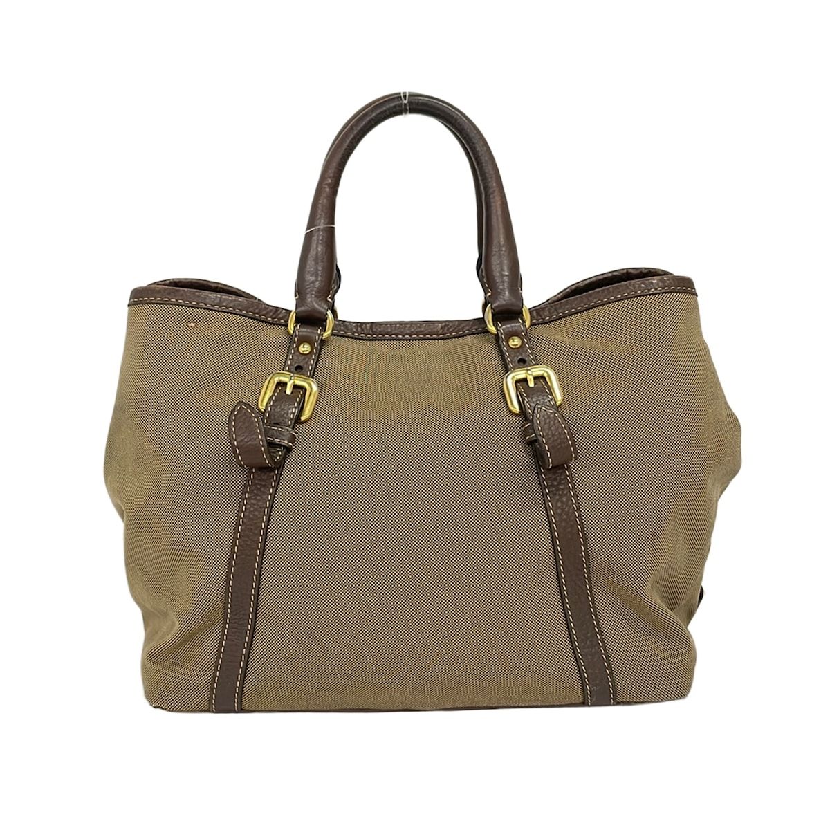 Prada Tote Bag Logo Jacquard Beige Dark Brown Leather Tag Ribbon — view 3