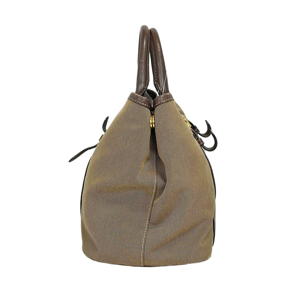 Prada Tote Bag Logo Jacquard Beige Dark Brown Leather Tag Ribbon — view 4