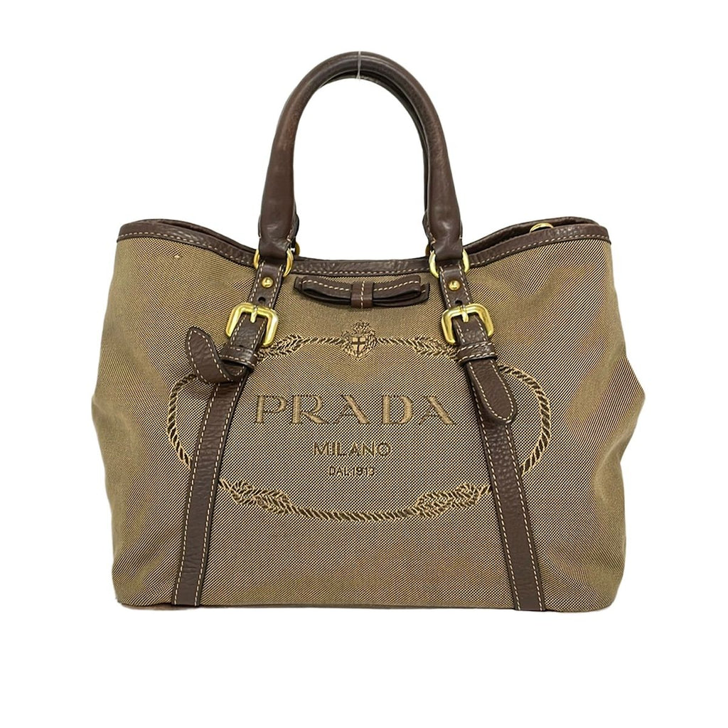 Prada Tote Bag Logo Jacquard Beige Dark Brown Leather Tag Ribbon