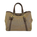 Prada Tote Bag Logo Jacquard Beige Dark Brown Leather Tag Ribbon
