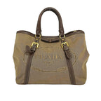 Prada Tote Bag Logo Jacquard Beige Dark Brown Leather Tag Ribbon