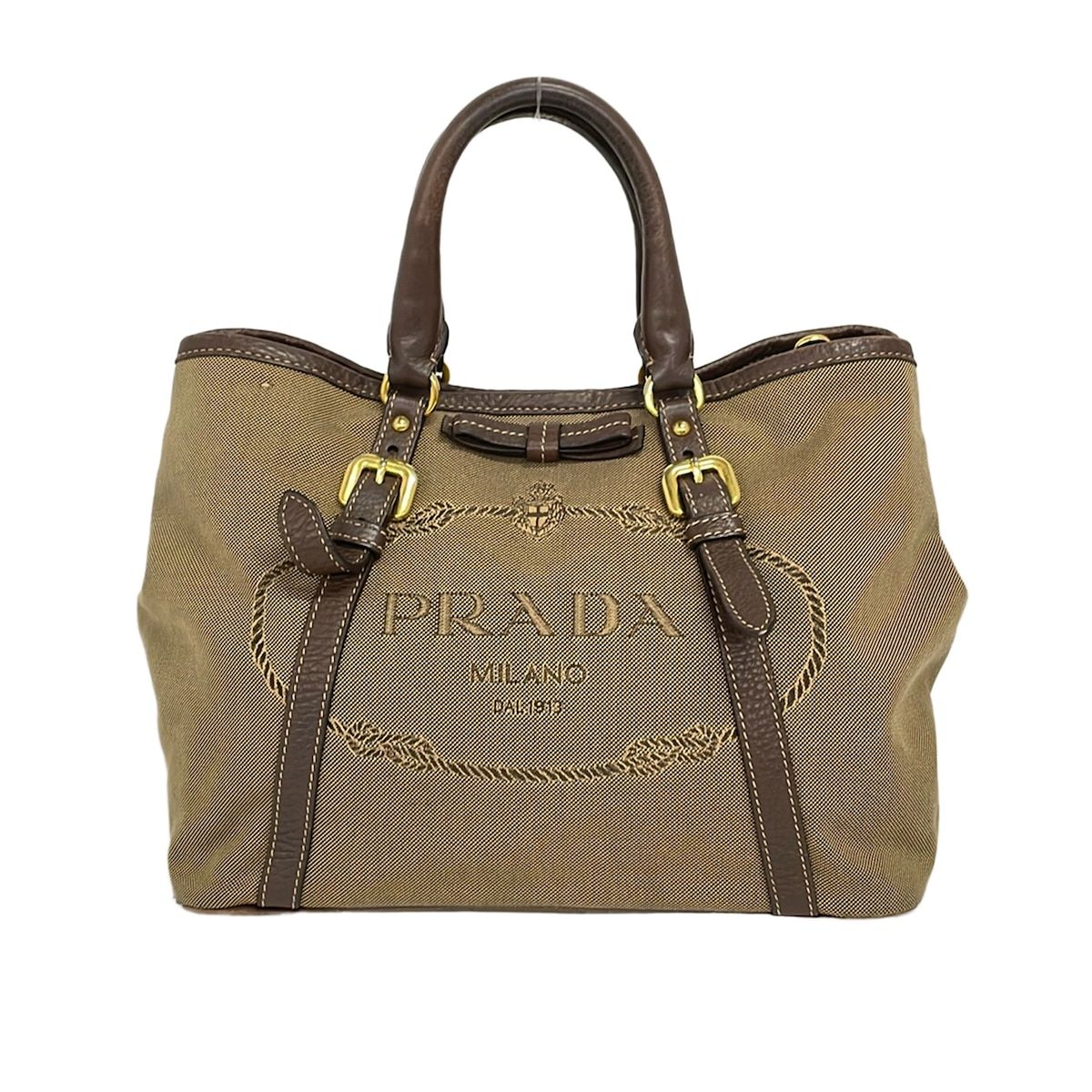 Prada Tote Bag Logo Jacquard Beige Dark Brown Leather Tag Ribbon