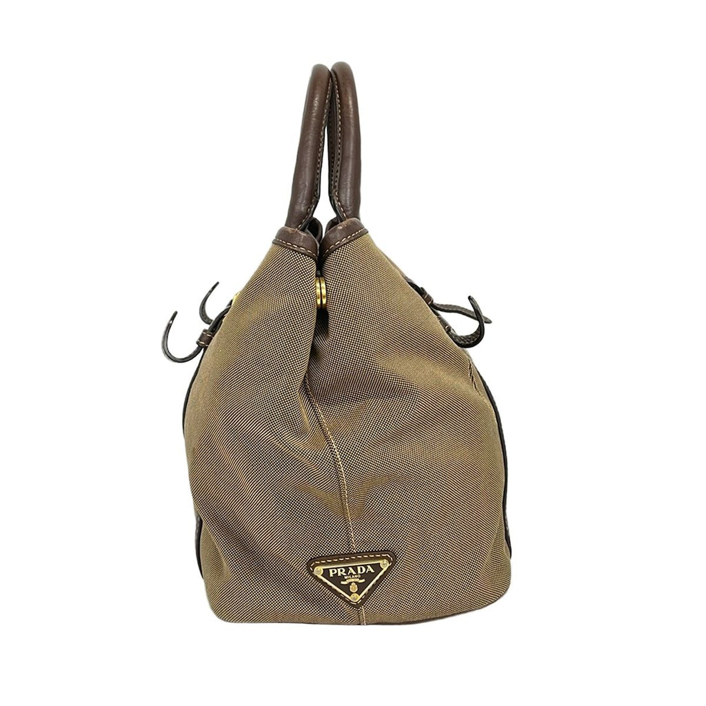 Prada Tote Bag Logo Jacquard Beige Dark Brown Leather Tag Ribbon — view 2
