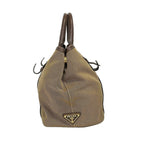 Prada Tote Bag Logo Jacquard Beige Dark Brown Leather Tag Ribbon — view 2