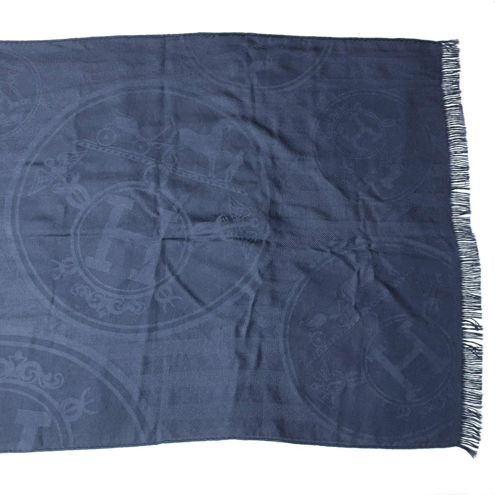 Hermes Shawl New Libris Navy Cashmere Silk Scarf Fringe Large — view 5