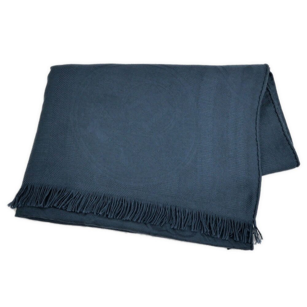 Hermes Shawl New Libris Navy Cashmere Silk Scarf Fringe Large