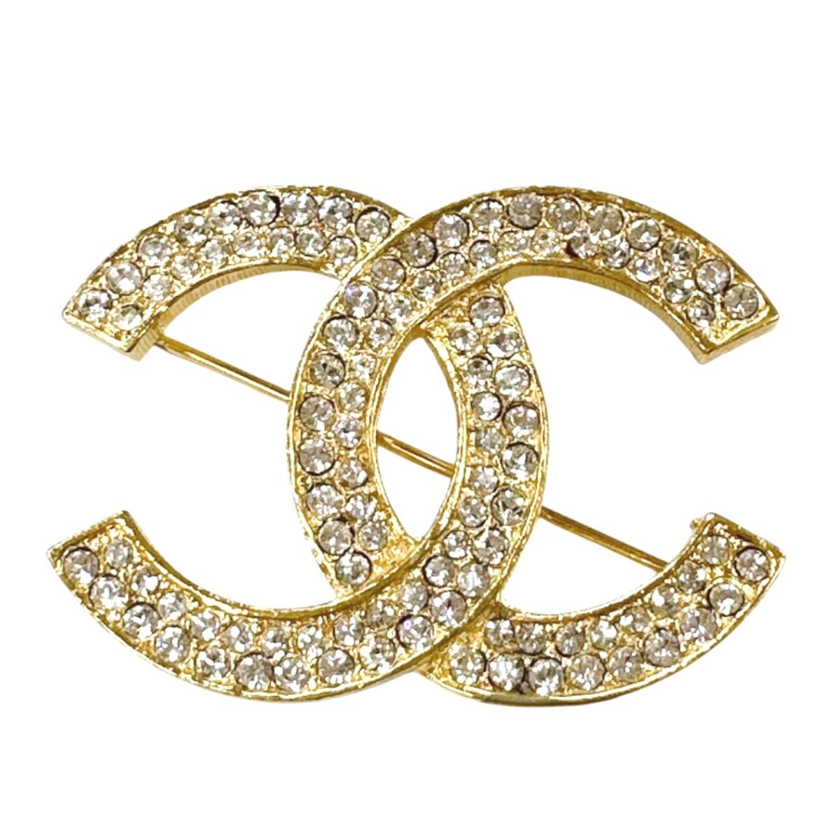 Chanel CC Logo Vintage Brooch Rhinestone Gold