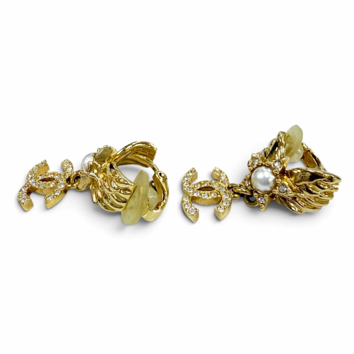 Chanel CC Logo Star Eco Pearl Rhinestone Earrings Gold — view 2