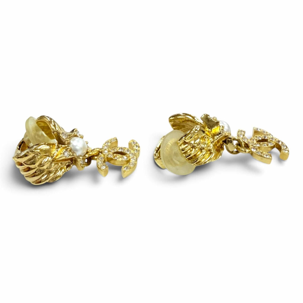 Chanel CC Logo Star Eco Pearl Rhinestone Earrings Gold — view 4