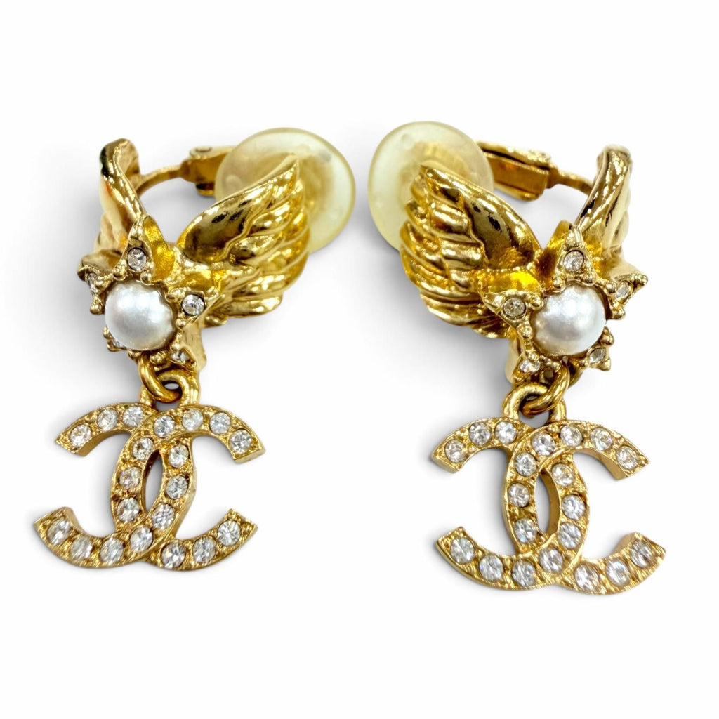 Chanel CC Logo Star Eco Pearl Rhinestone Earrings Gold