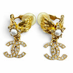 Chanel CC Logo Star Eco Pearl Rhinestone Earrings Gold