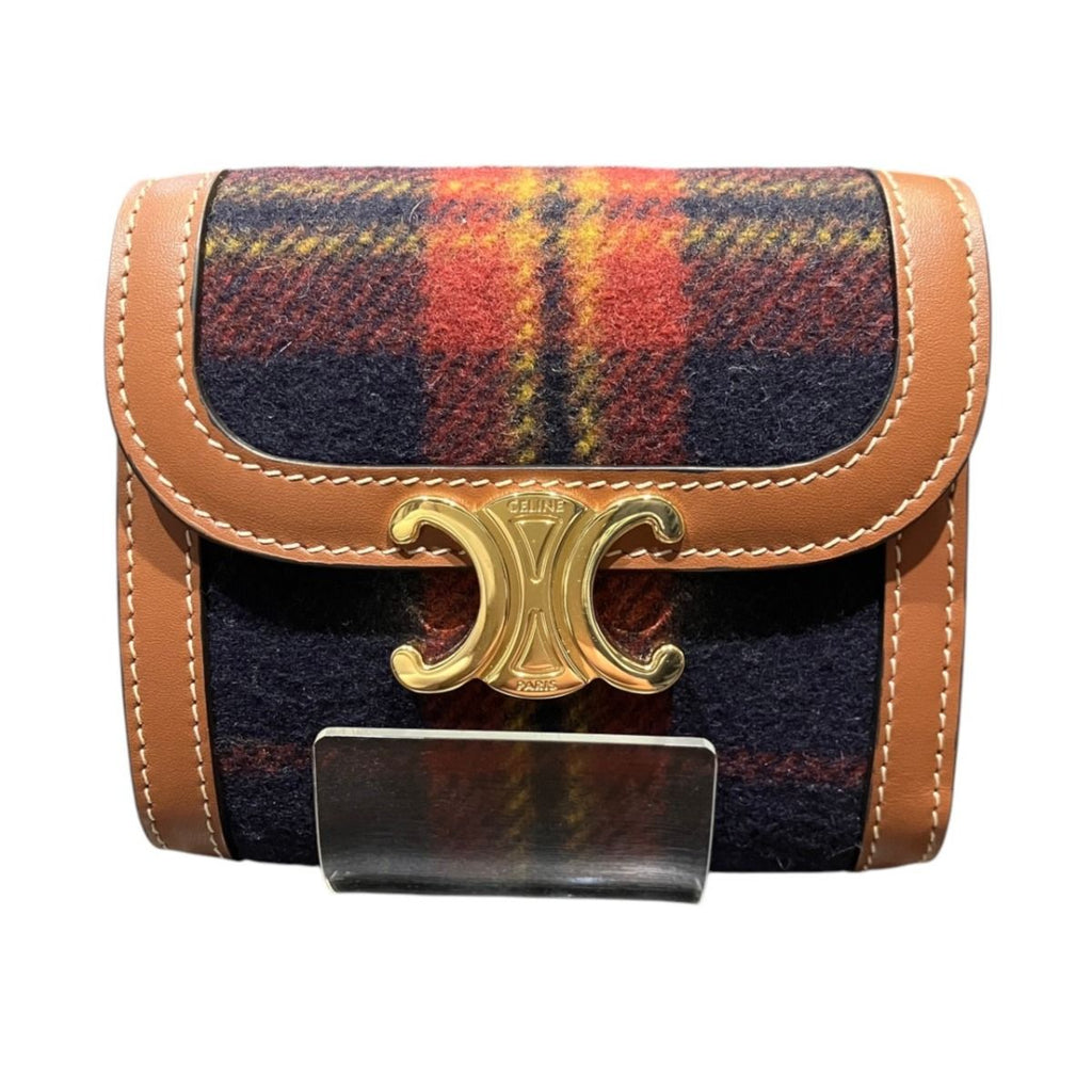 Celine Triomphe Small Flap Wallet Tartan Check Trifold Wool Leather