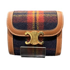 Celine Triomphe Small Flap Wallet Tartan Check Trifold Wool Leather
