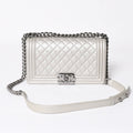 Chanel Boy Chain Shoulder Bag Light Gray Lambskin Silver