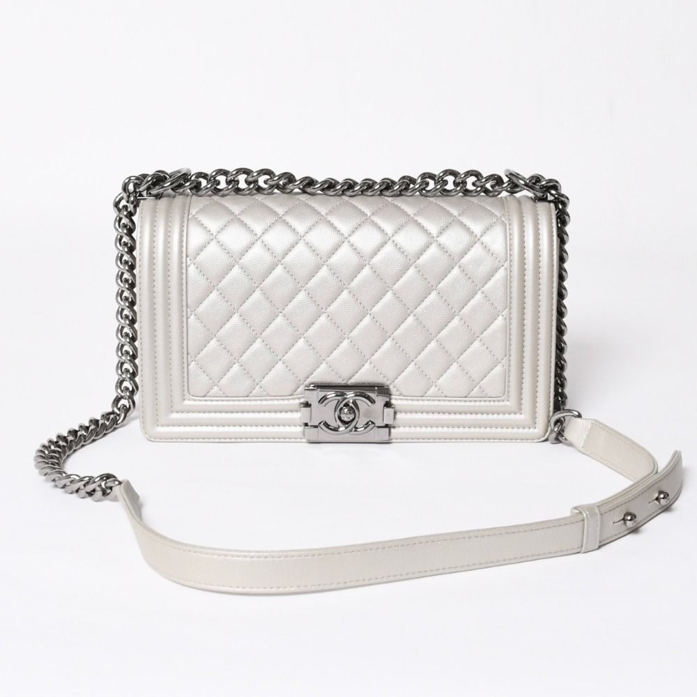 Chanel Boy Chain Shoulder Bag Light Gray Lambskin Silver