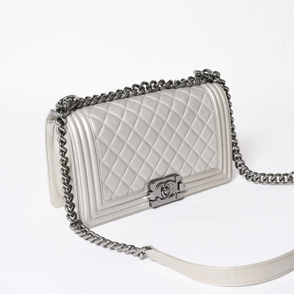 Chanel Boy Chain Shoulder Bag Light Gray Lambskin Silver — view 3