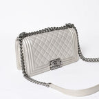 Chanel Boy Chain Shoulder Bag Light Gray Lambskin Silver — view 3