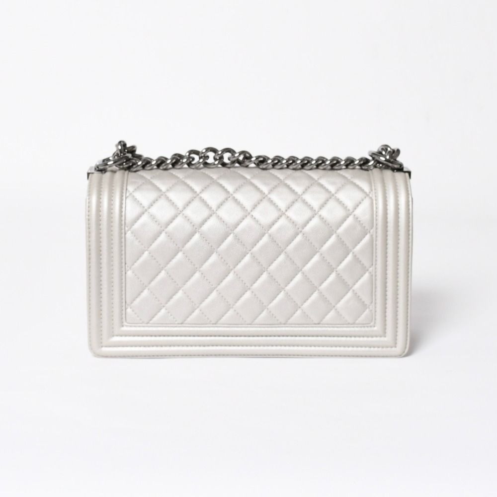 Chanel Boy Chain Shoulder Bag Light Gray Lambskin Silver — view 2