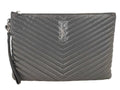 Saint Laurent Clutch Monogram Document Holder Gray Leather V-stitch YSL Silver