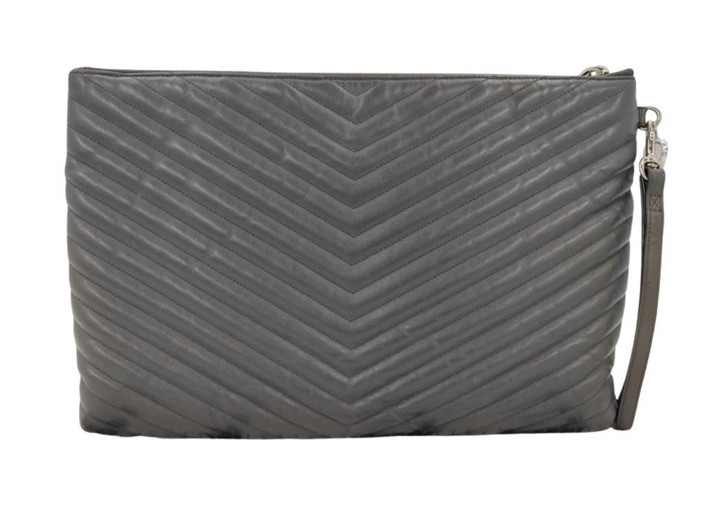 Saint Laurent Clutch Monogram Document Holder Gray Leather V-stitch YSL Silver — view 2