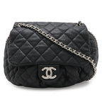 Chanel Quilted Chain Around CC Logo Shoulder Bag Leather Black Silver
