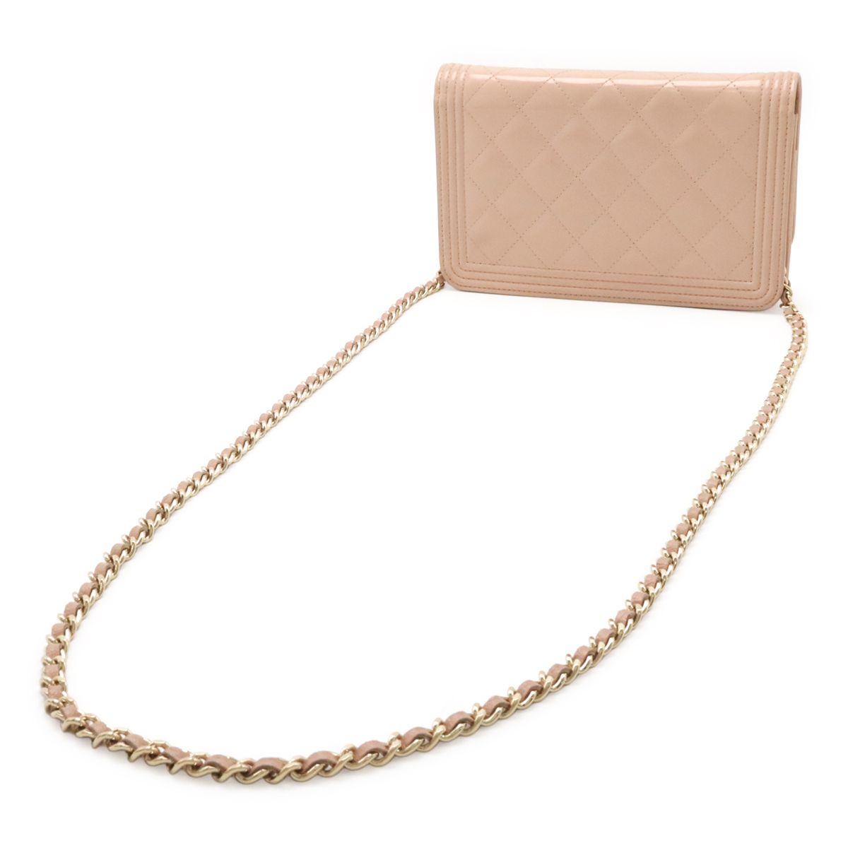 Chanel Boy Quilted CC Logo Chain Wallet Shoulder Bag Patent Pearl Pink Gold — view 2