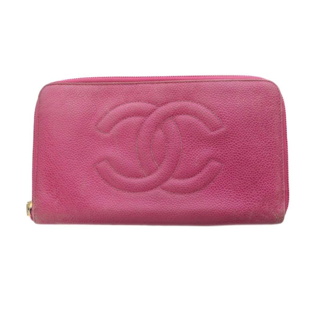 Chanel Wallet Zip Around Logo Embossed Leather Pink